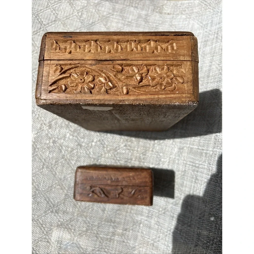 Vintage Hand Carved Wood Trinket Box Set Floral Inlay Made in India 2pc